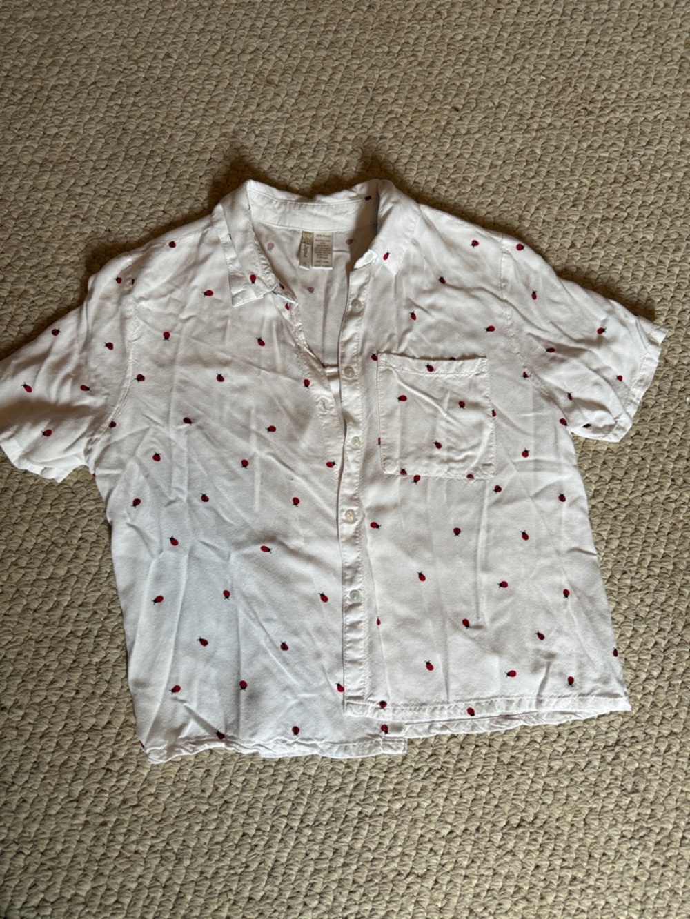 White Short Sleeve Button-Up Shirt with lady bug print